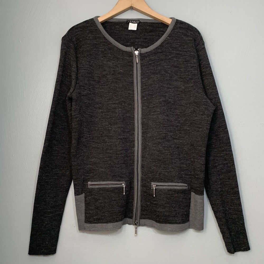 Venus Size Large Dark Charcoal Wool Blend Minimalist Twee Sweater Cardigan Prep